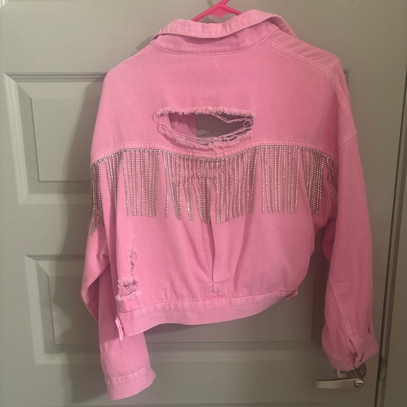 Pink Distressed Rhinestone Denim Jacket - Size Medium - Picture 1 of 5